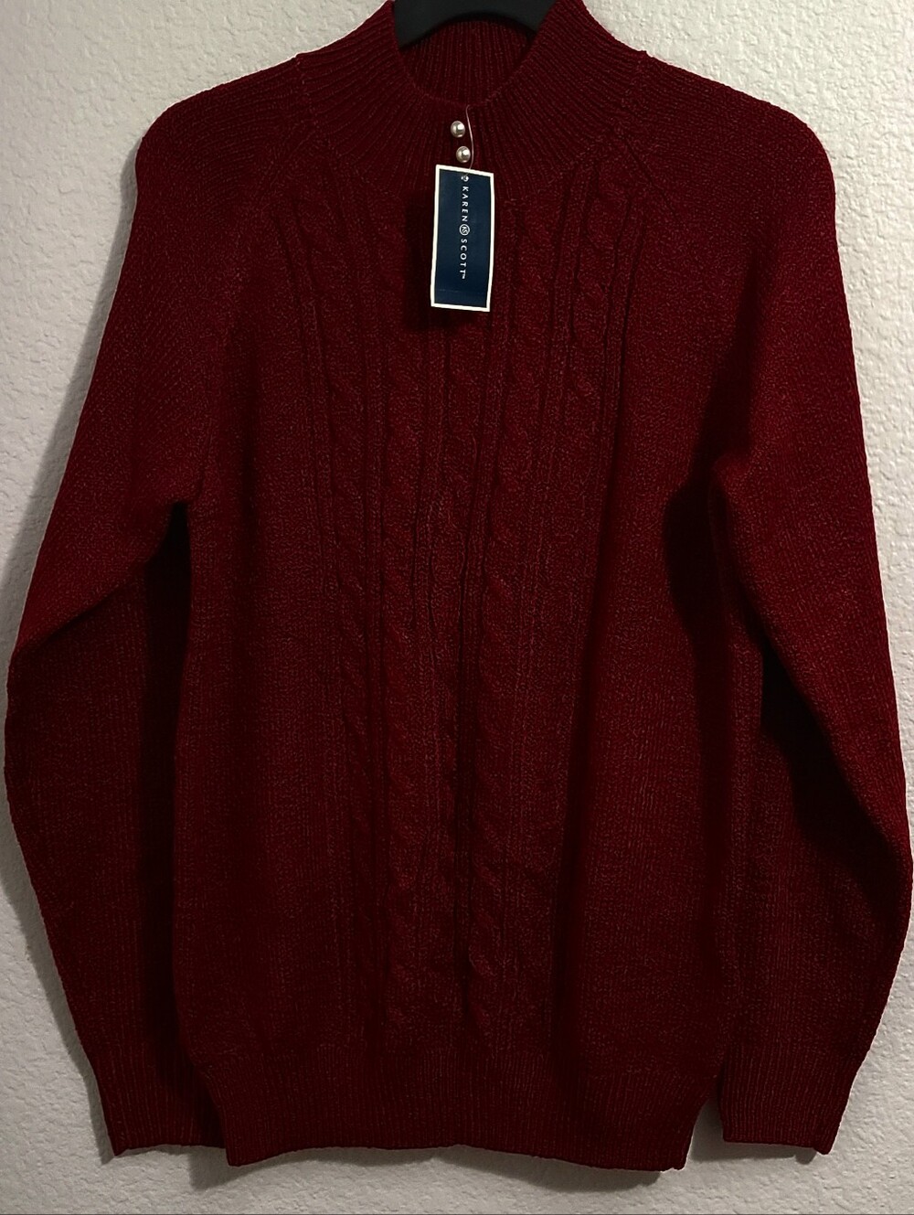 Karen Scott Cable-Knit Crewneck Sweater - Deep Red